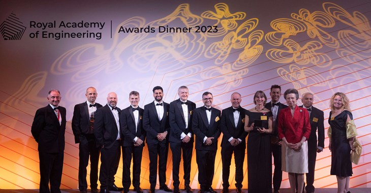 Ceres Power team with HRH Princess Royal on stage at 2023 Awards Dinner