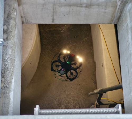 Drone inspecting the shafts and capturing live data.