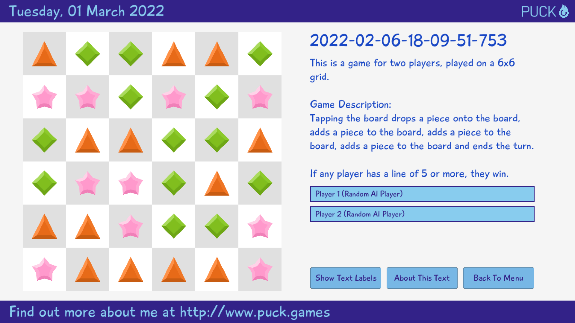 Puck's game design interface and game description. You can play Puck's games with other people, or against Puck itself.