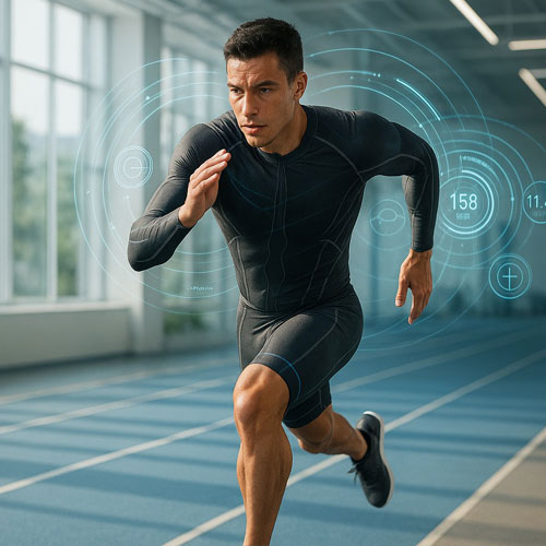 Man running surrounded by bio metric data