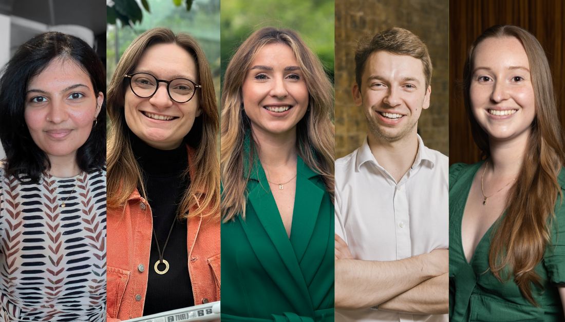 Photo of the Young Engineers of the Year winners (from left to right: Dr Aakeen Parikh, Laura Tuck, Brogan MacDonald, Dr Douglas Brion, Alexia Williams MBE)