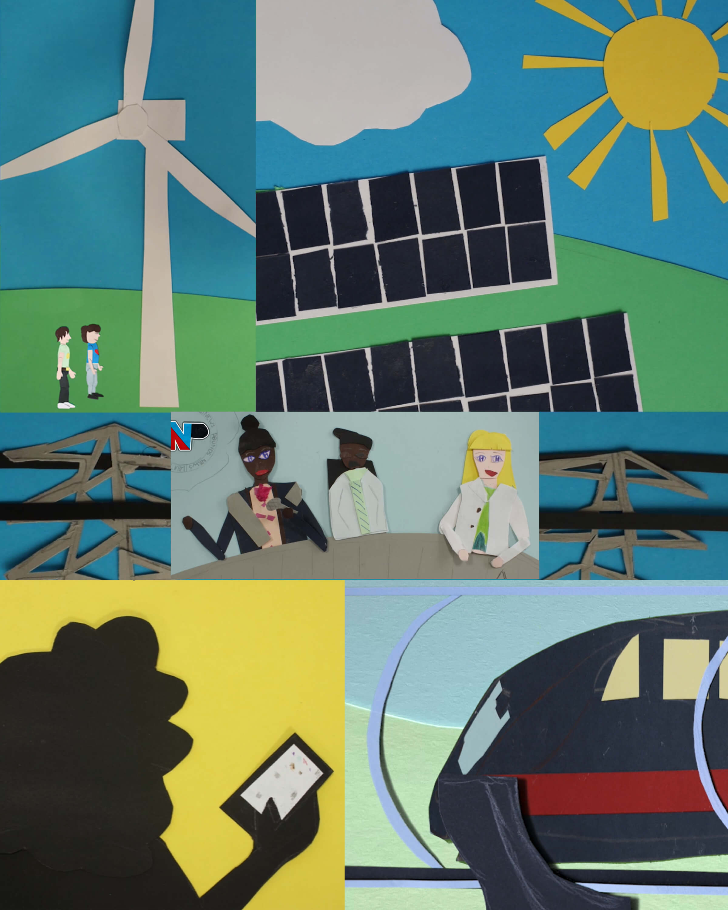 Animated pictures made from paper cutouts showing scenes with wind turbines and solar panels,