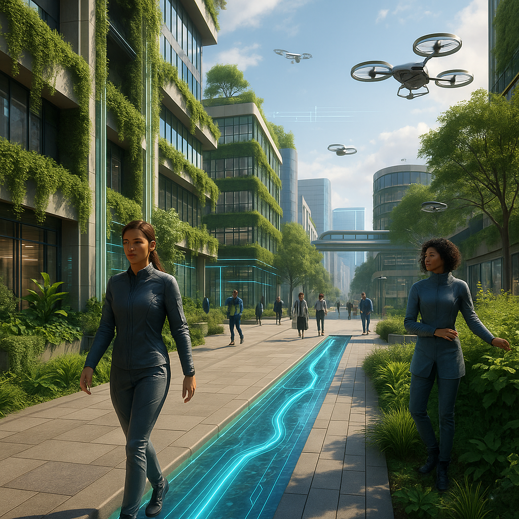 AI generated images showing two women walking through a futuristic city scape