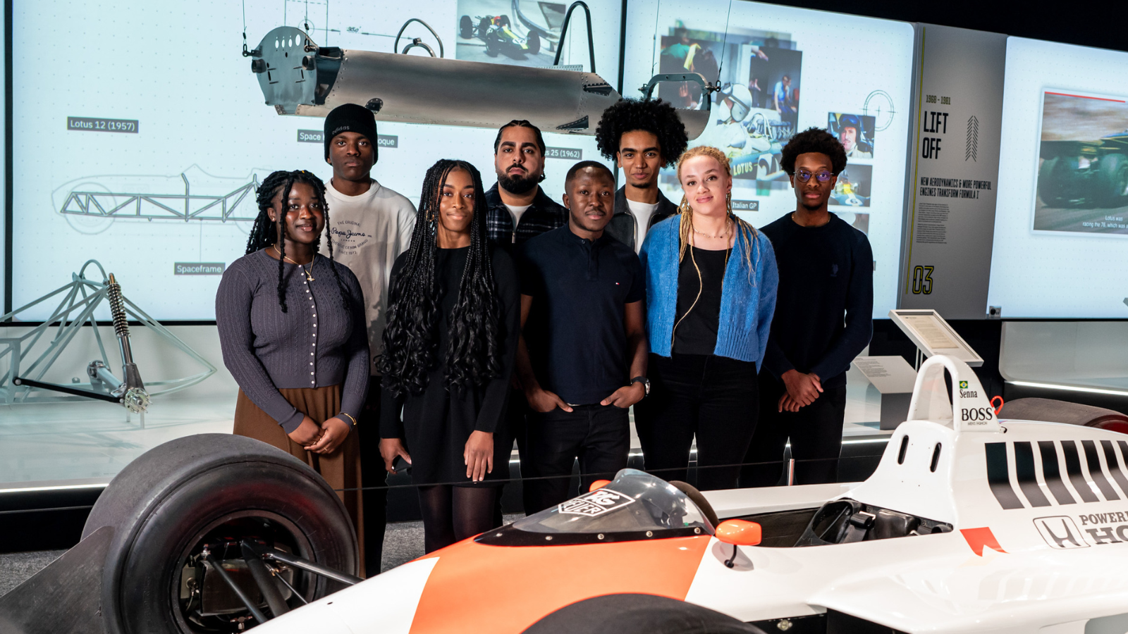 Recipients of 2024 MSc Motorsport Scholarships. L to R: Gerren Ntiri; Wesley Massumbukolt; Tori Omamogho; Mustafa Awadalla Youssef; Steven Naaba; Mohamed Elnadi; Lily Owuye, and Chris Tagnon.