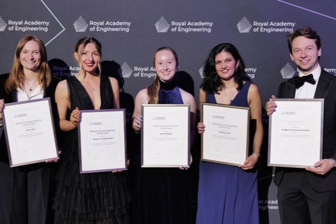 2026 Young Engineers of the Year (L-R) Laura Tuck, Brogan MacDonald, Alexia Williams MBE, Dr Aakeen Parikh and Dr Douglas Brion