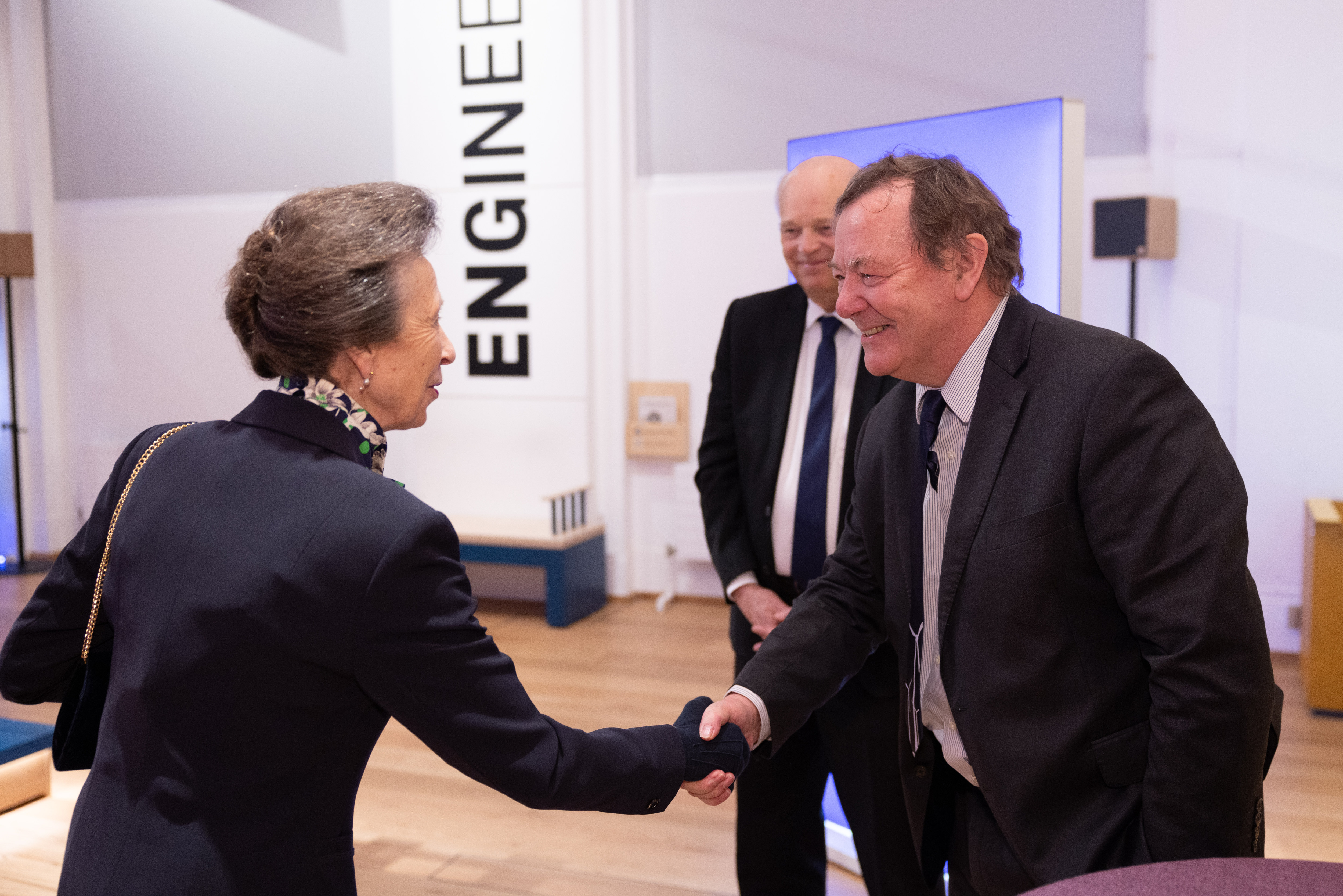 HRH The Princess Royal meets Andrew Garrad (right) and Henrik Stiesdal (centre) at London's Science Museum during a reception to announce them as 2024 QEPrize Laureates on 6 February.