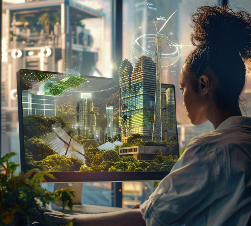 Woman looks at computer screen featuring interactive green cityscape