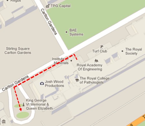 A section of a map showing the building evacuation route using a dashed red line