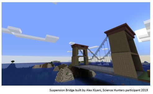 Picture of a suspension bridge built in Minecraft