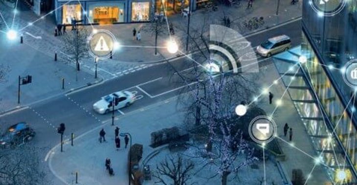 abstract overlay over city street - connected infrastructure