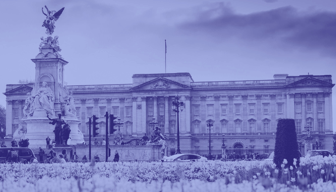Duotone image of Buckingham Palace exterior