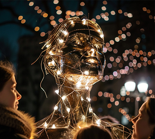 Statue of a female engineer made out of lights