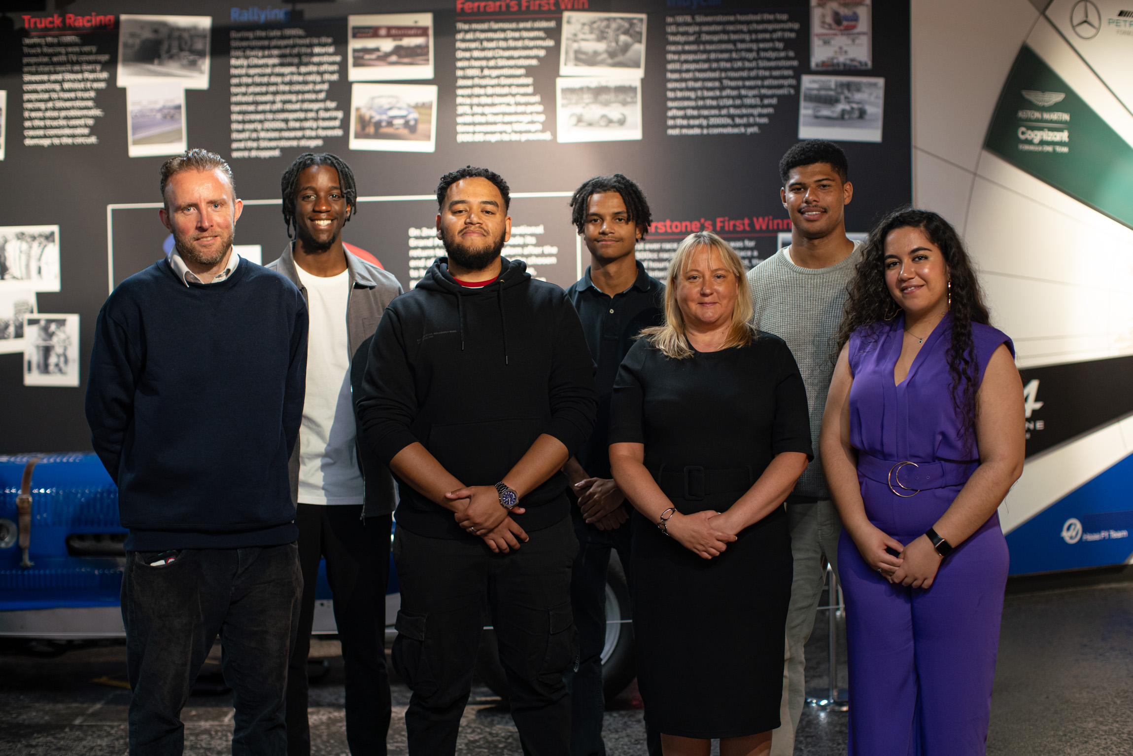 The MSc Motorsport awardees at Silverstone Museum with Stuart Rogers, the Academy’s Programme Officer for Higher Education (far left) and Lynda Mann, the Academy’s Head of Education Programmes (third from right).