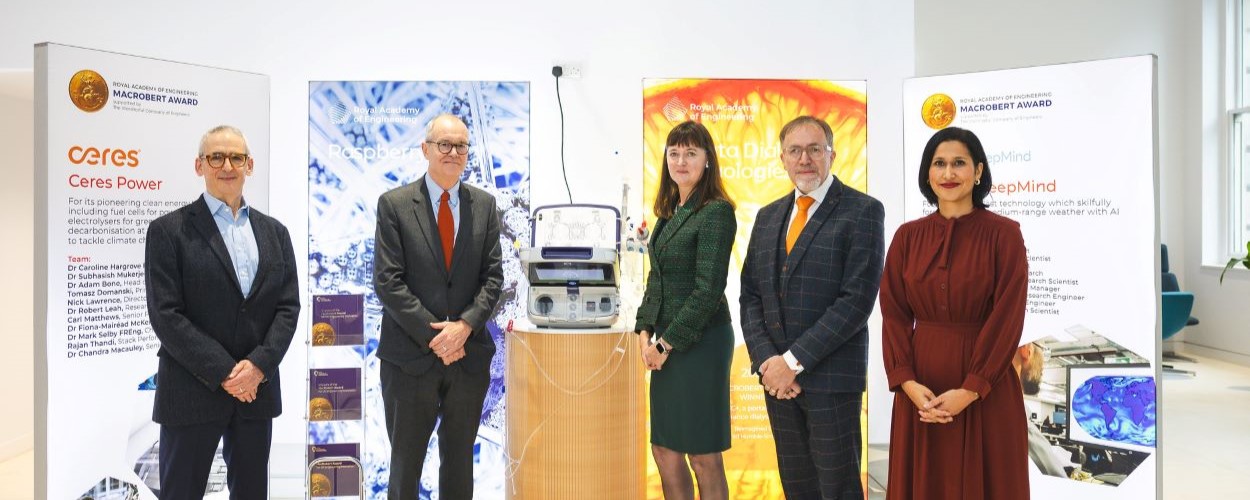 L-R Academy President Dr John Lazar CBE FREng with Science Minister Lord Vallance KCB HonFREng FRS FMedSci, MacRobert Award Chair of Judges Dr Alison Vincent FREng, 2022 MacRobert Award winner Professor Clive Buckberry MBE FREng of Quanta Dialysis, and Academy CEO Dr Hayaatun Sillem CBE visit a special MacRobert Award exhibition at DSIT, showcasing some of the most recent winners of the MacRobert Award, which has been celebrating UK engineering innovation for 55 years.