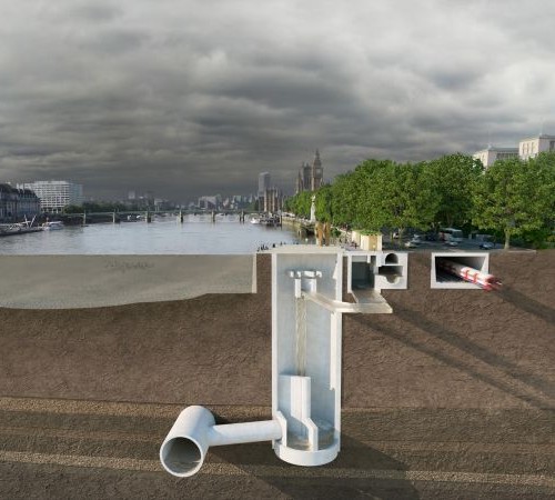 Cross section of tunnel and interception with the existing sewer network at Victoria Embankment.