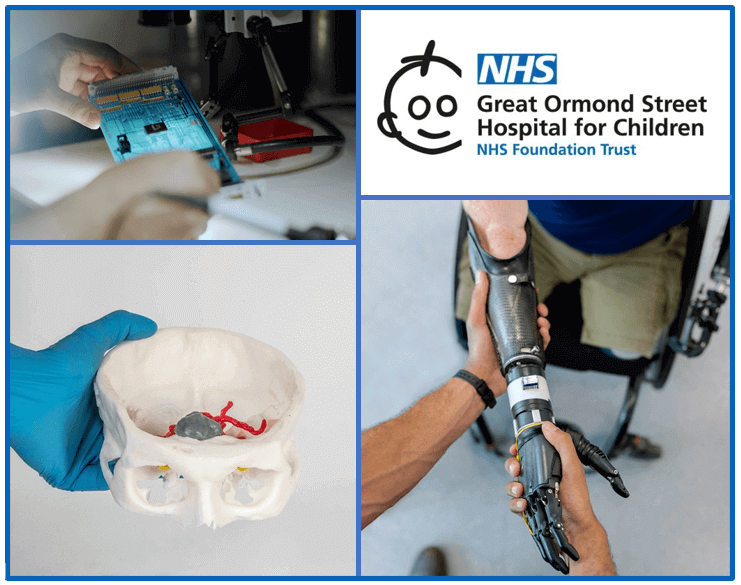 Great Ormond Street Hospital log with pictures of someone shaking a prosethetic hand, and part of a 3D printed skull